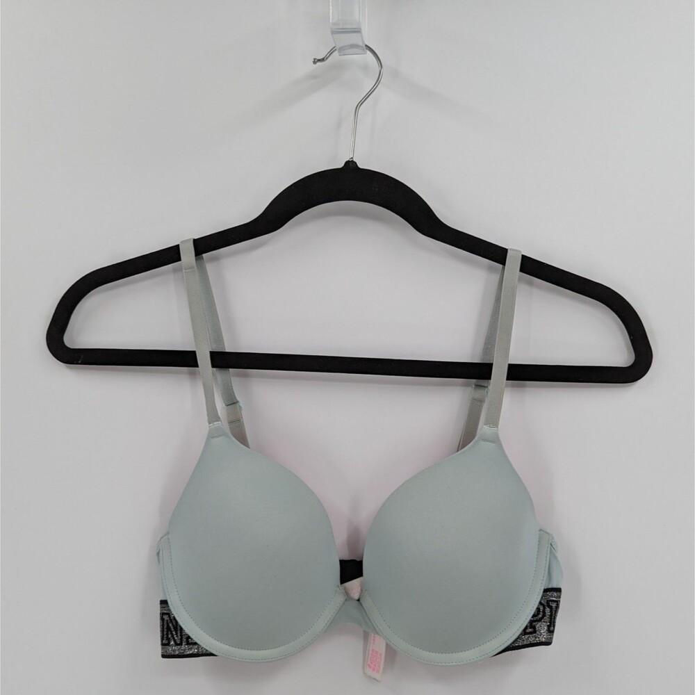 Victoria's Secret PINK Bra 32C Light Blue Logo T-shirt Lightly Lined*
